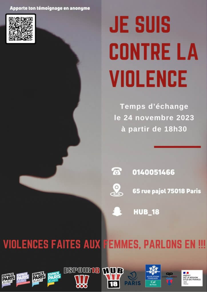 Affiche pour la soirée, temps d'échange contre les violences faites aux femmes.